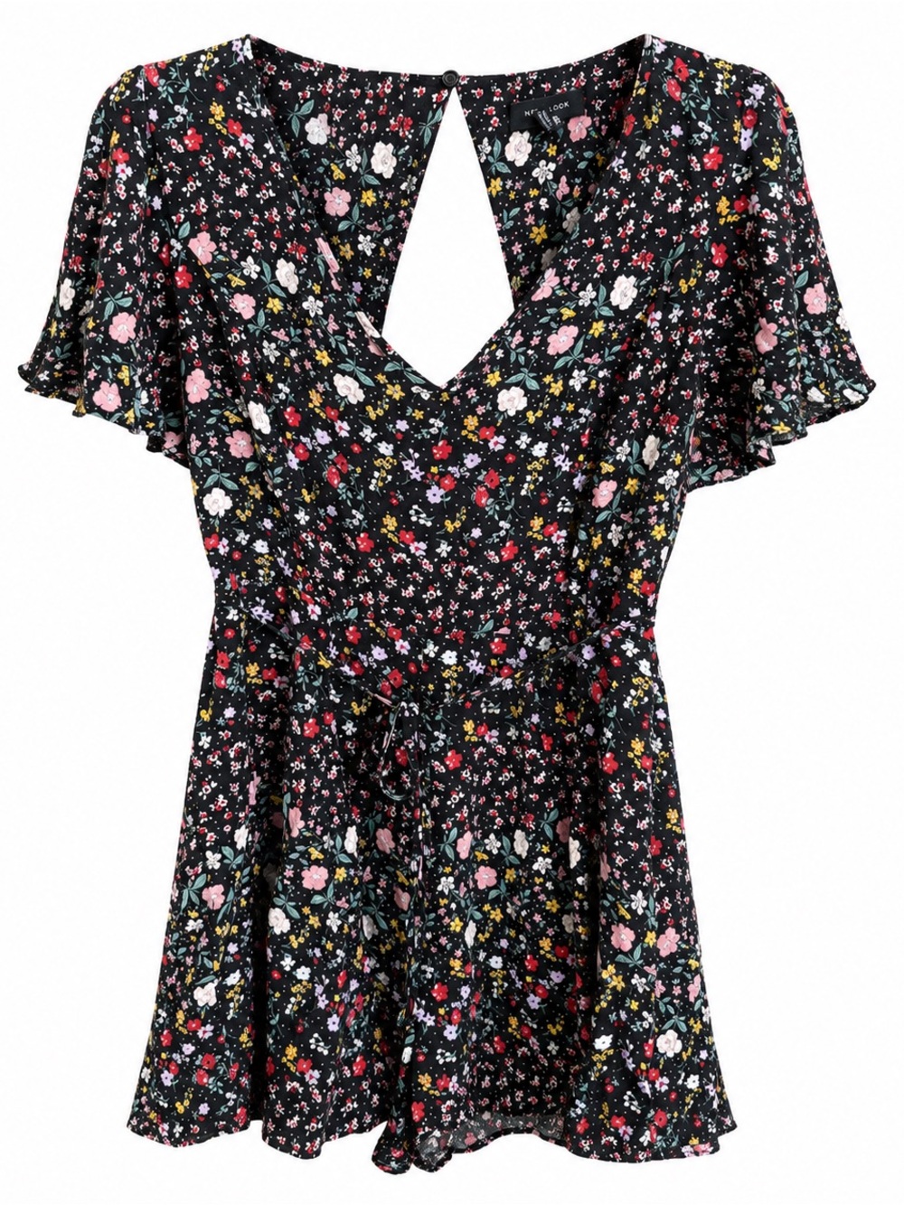 New Look Black Multi Floral Cutout Back Short Romper Size 6